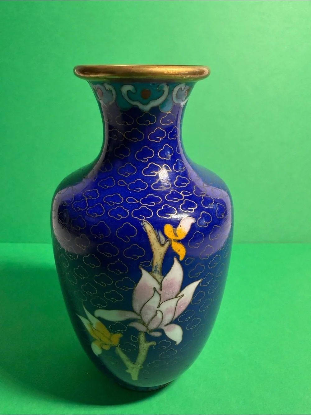 Cloisonné Floral Vase in Cobalt Blue and Yellow